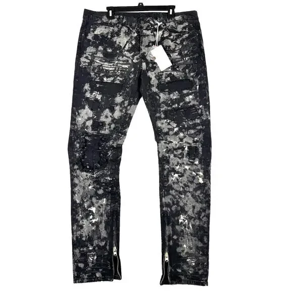NWT MNML Men's 38x33 Slim Black Distressed Painted Stretch Zip Ankle Denim Jeans - Picture 1 of 11